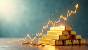 Gold bars and coins representing the 5-year gold price increase from 2020 to 2025 for retirement IRA investing